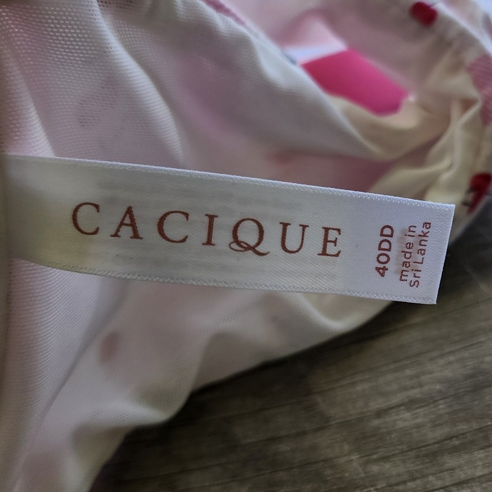 Cacique Front Close Underwire Bra 40DD Pink White Striped Cherry Print Cotton - Picture 3 of 6